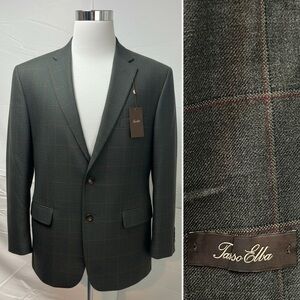 NWT $295 Tasso Elba Men's 46R Olive Windowpane Plaid Wool Blend Blazer Jacket